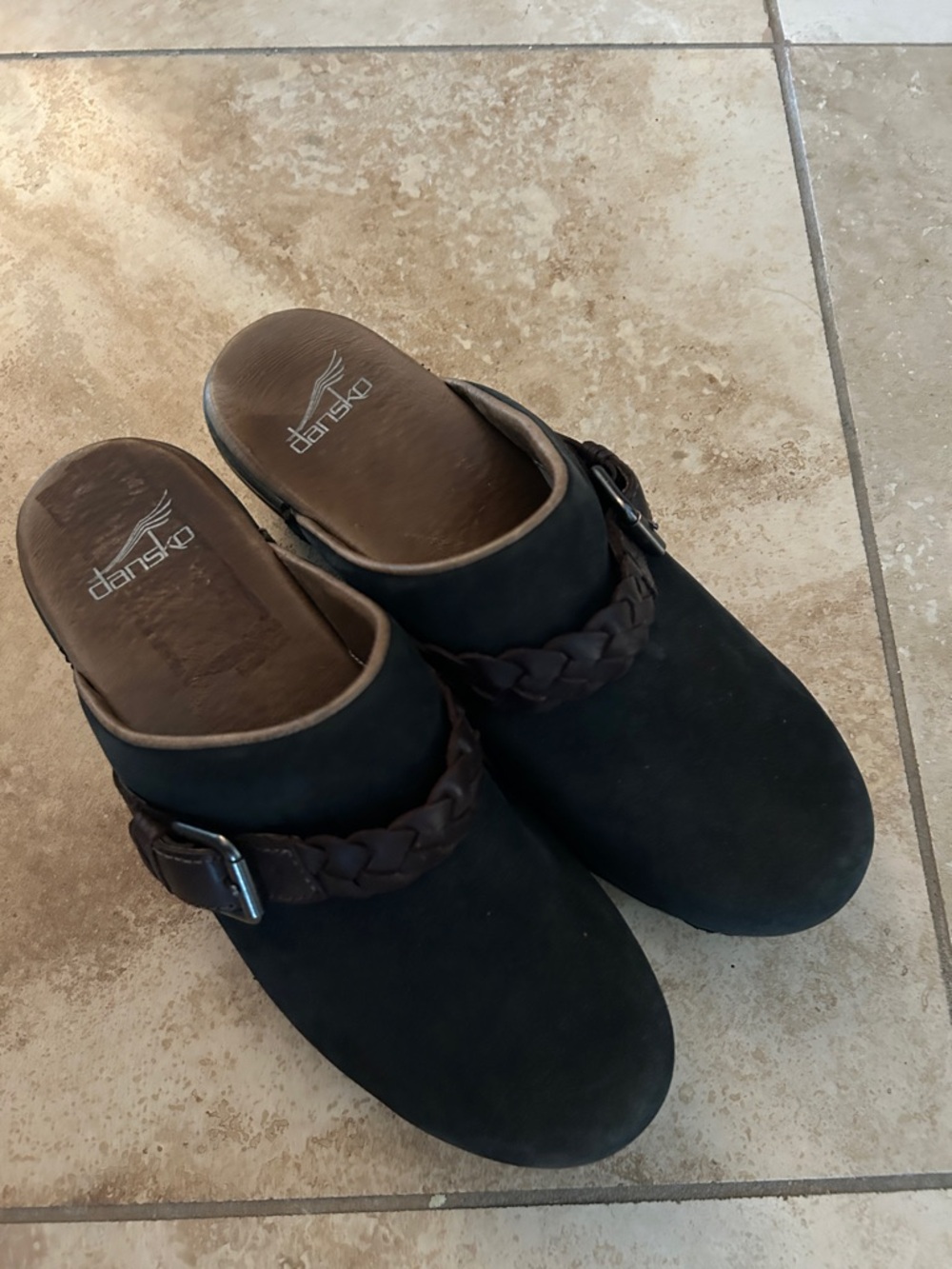 Dansko Black Suede Mule with Braided Brown Strap